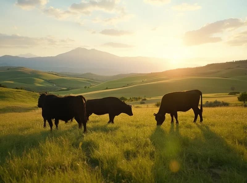 Cattle grazing on open pasture at golden hour